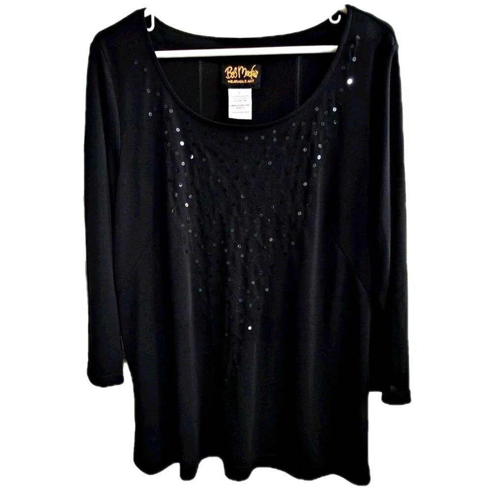 Bob Mackie Wearable Art L Black 3/4 Sleeve Sequined Scoop Neck Top